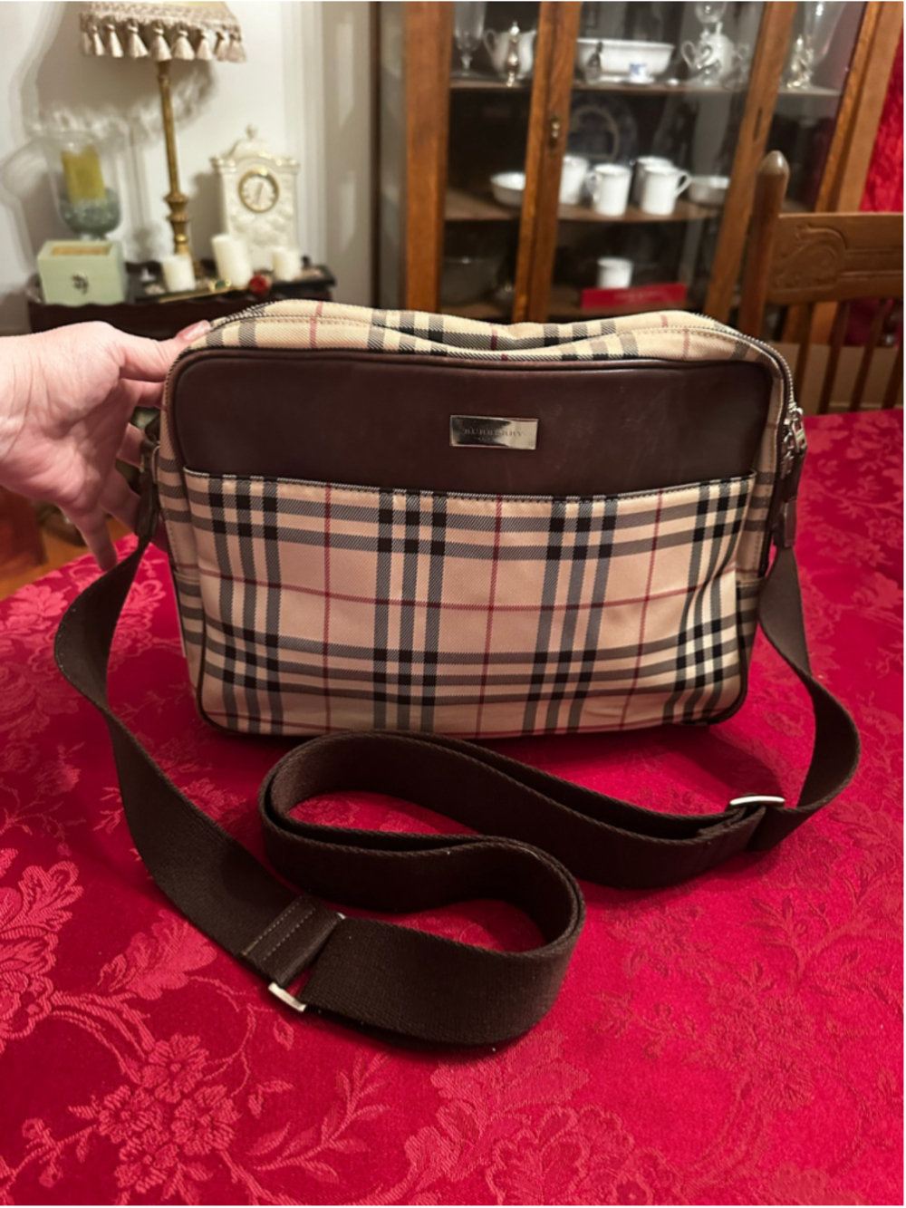 Burberry Beige & Brown Canvas & Leather Crossbody Bag with Zip Top